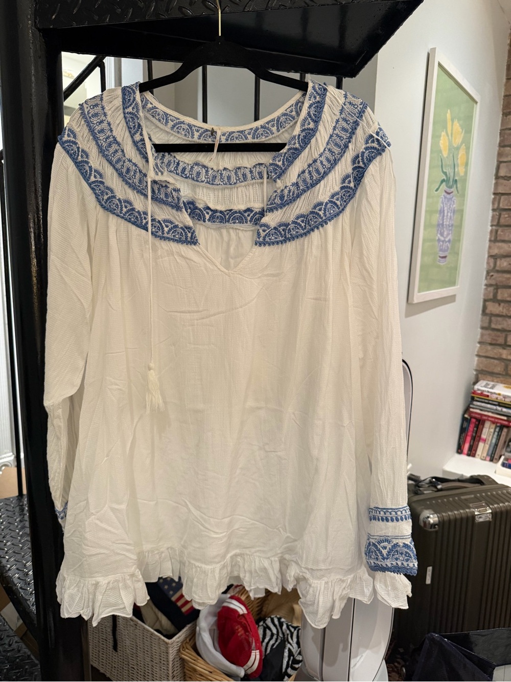 Free People White Tunic with Blue Embroidery Accents